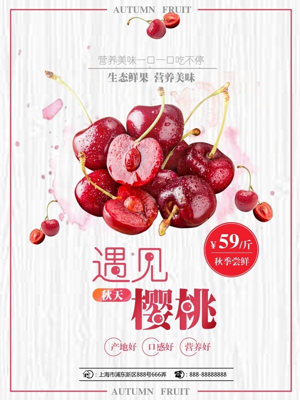 秋季水果樱桃生态水果营养美味简约促销海报