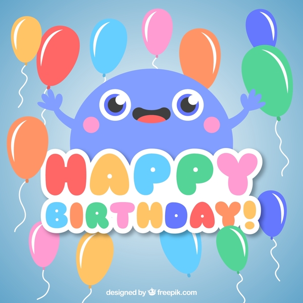 可爱蓝色怪物和气球生日贺卡矢量素材