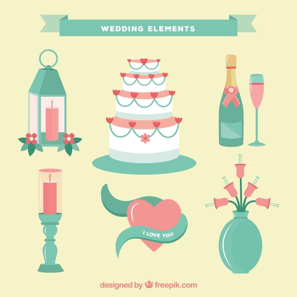 绿色粉红色婚礼元素图标集合
