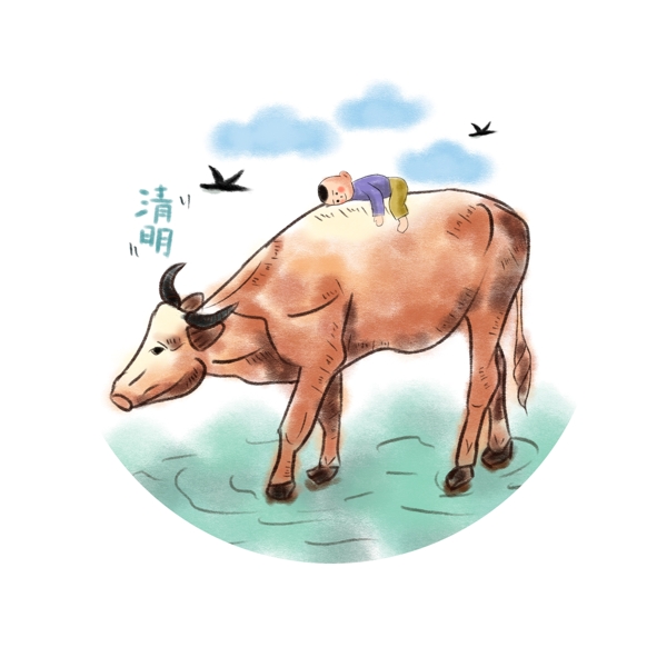 手绘清明蓝天下牛背上睡觉的牧童