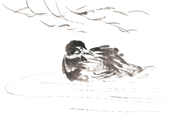 湖面上的鸟水墨画PNG免抠素材