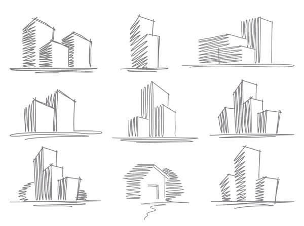 手绘线条都市城市建筑矢量图片