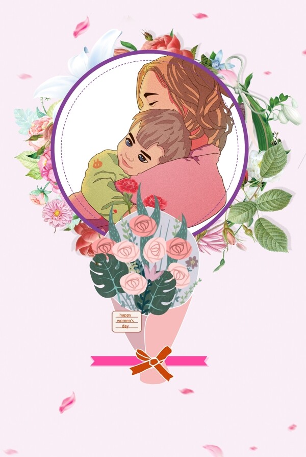 可爱母亲孩子拥抱花朵背景