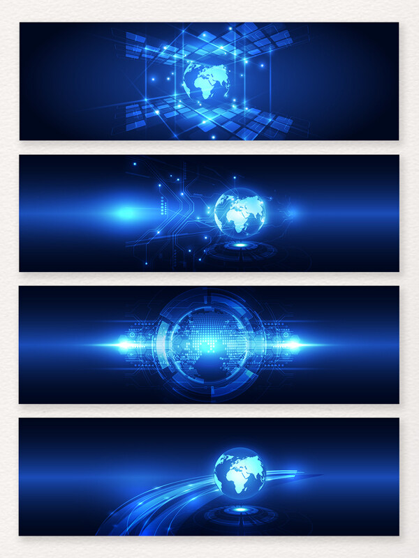 一组蓝色光效科技全球地图BANNER背景