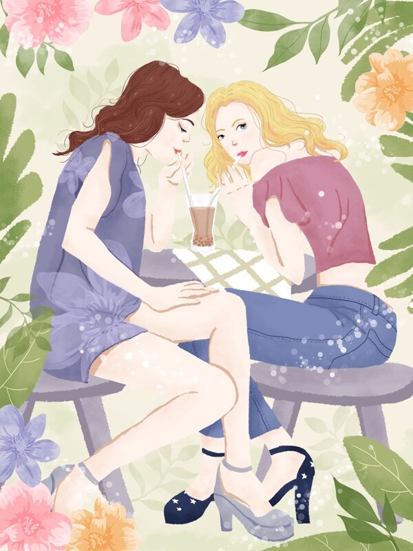 坐在一起喝奶茶的闺蜜插画