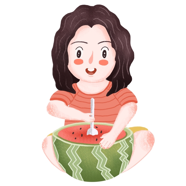 女孩吃西瓜插画图案