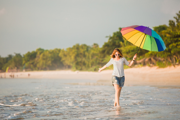 沙滩打伞散步的美女图片