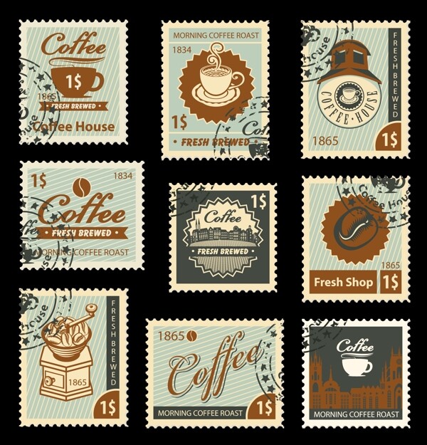 趣味复古咖啡邮票插画