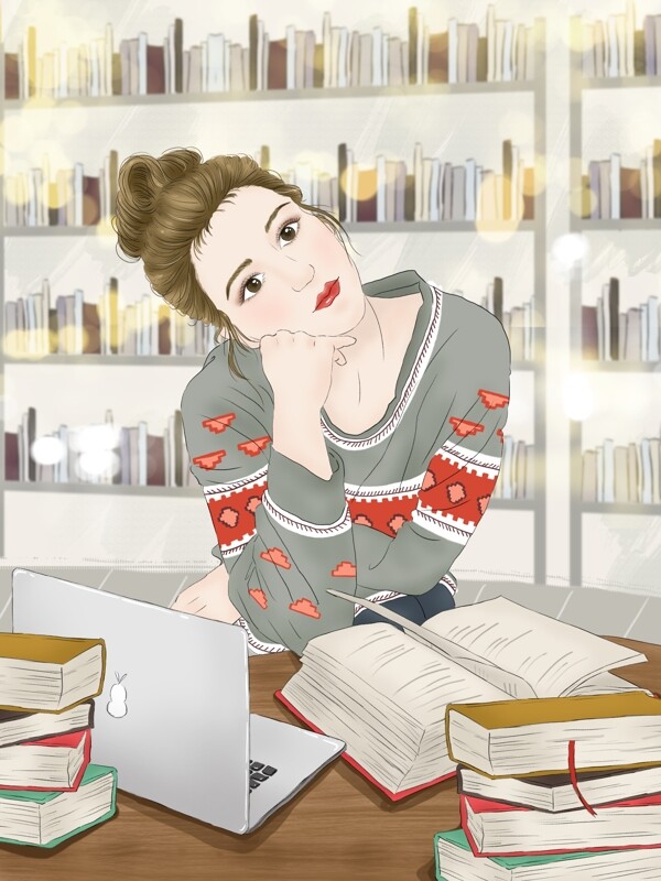 考研冲刺在读书馆复习思考中的女孩插画