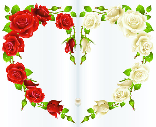 红玫瑰和白玫瑰的心背景矢量