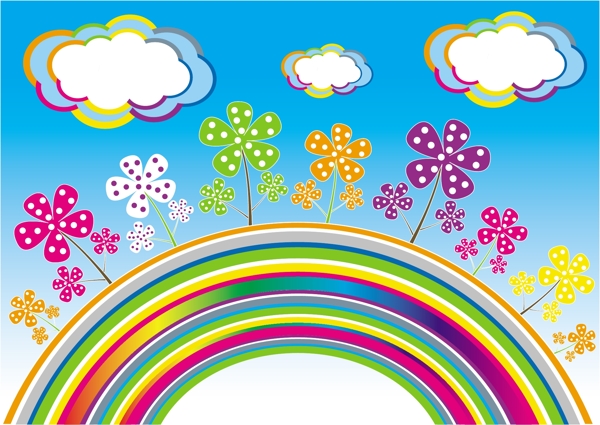 卡通云朵花朵彩虹矢量图