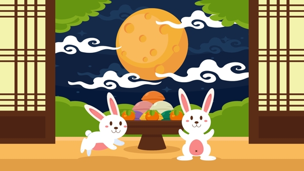 中秋节兔子和月亮卡通矢量插画