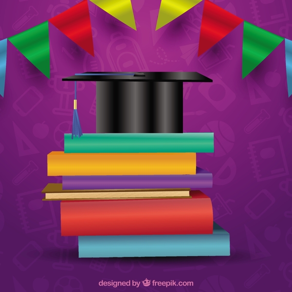 学位帽书籍毕业紫色背景