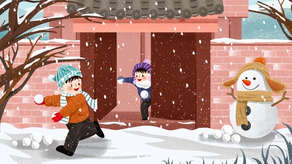 唯美冬季门前雪地小孩打雪仗堆雪人插画