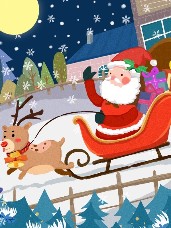 圣诞节圣诞老人与鹿可爱温暖温馨插画