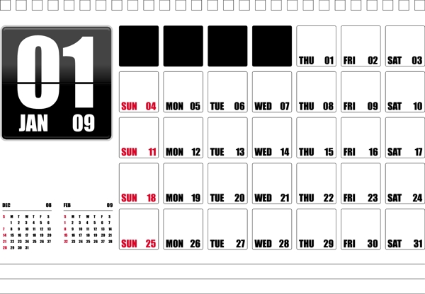桌面日历2009一月可编辑的文本