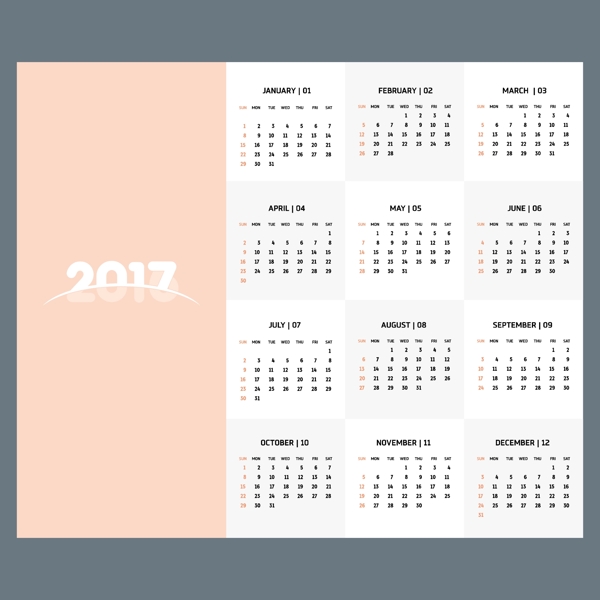 柔和的颜色2017日历模板