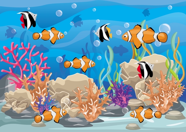 卡通海底珊瑚礁鱼
