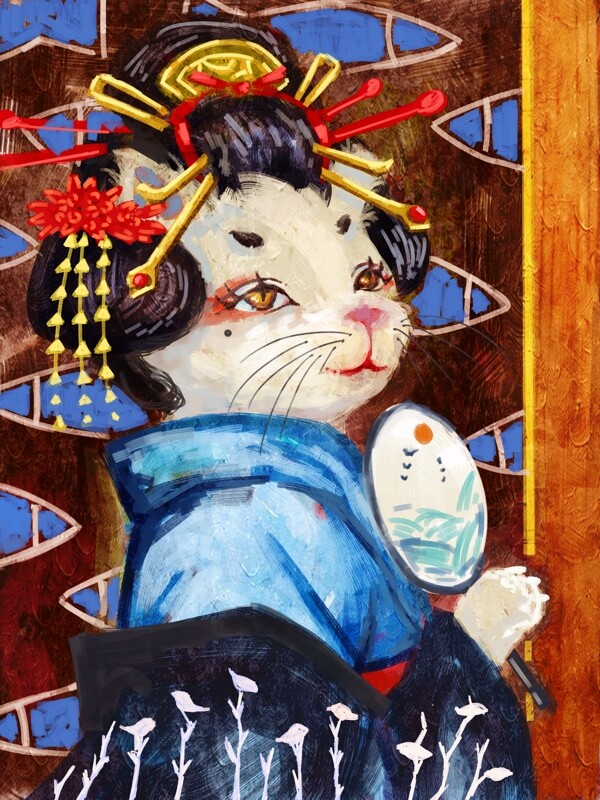 瞄计印象日本和风艺妓猫复古古风肌理插画
