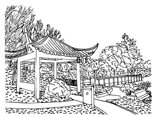 凉亭建筑植物场景手绘黑白线条风景