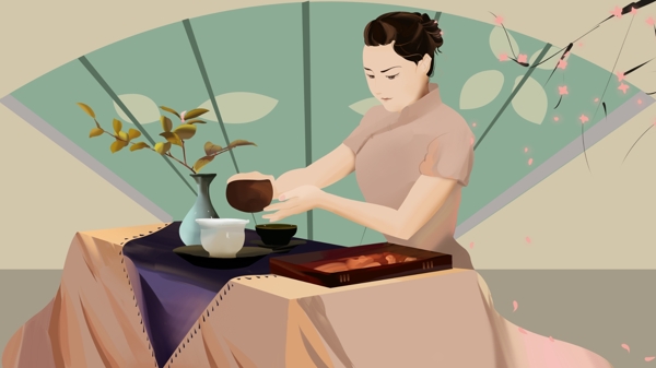 中国传统文化茶艺插画