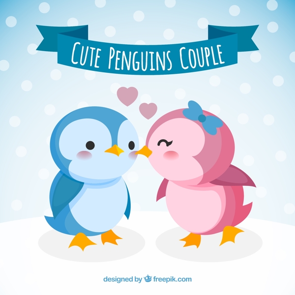 卡通雪花中的企鹅情侣矢量素材