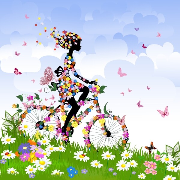 骑着花朵自行车的女孩