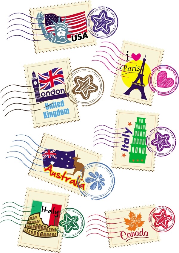 世界各地邮戳矢量设计