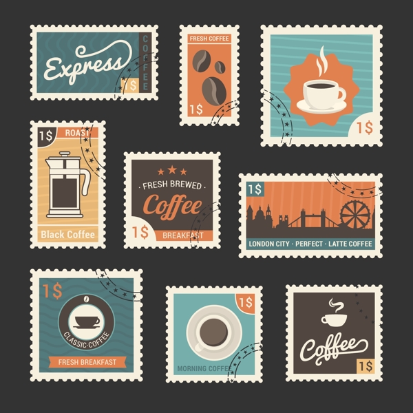 复古咖啡纪念邮票