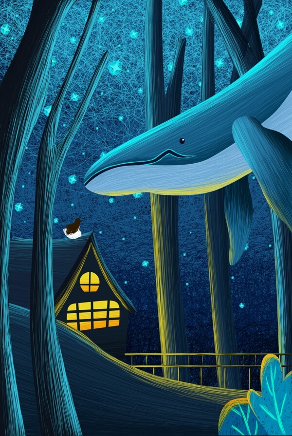 森林鲸鱼插画卡通海报素材图片