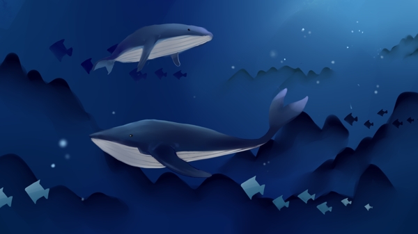 蓝色海洋中游泳的鲸鱼卡通背景