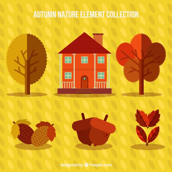 6款秋季植物和房屋设计矢量素材
