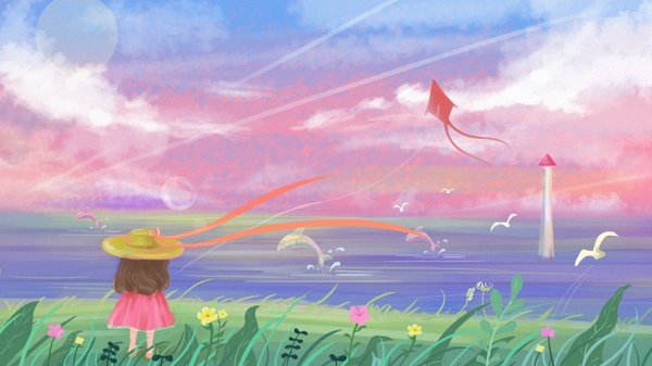 春天儿童在海边放风筝小清新插画