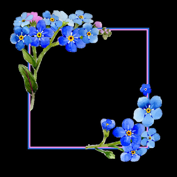 手绘蓝色小花画框PNG透明素材