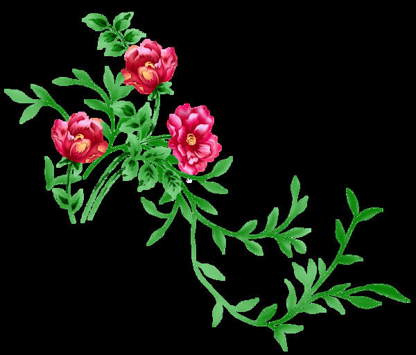 卡通红色花朵绿叶png元素