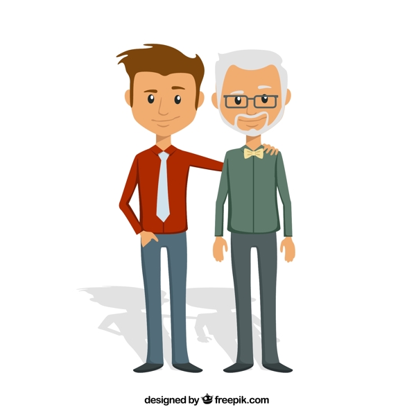 卡通站立的老人与儿子