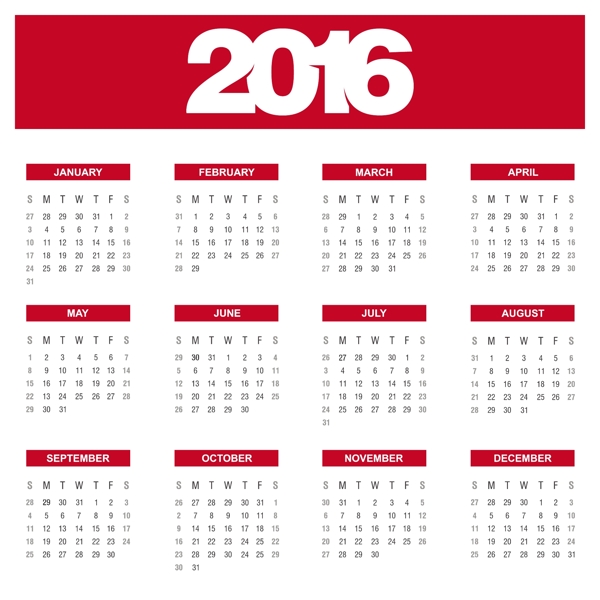 红每年日历2016