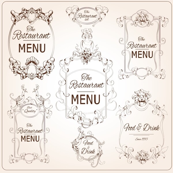 优雅的花香书法复古风格的餐厅菜单标签矢量图