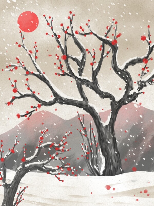 冬季梅花复古水墨插画雪中的梅花