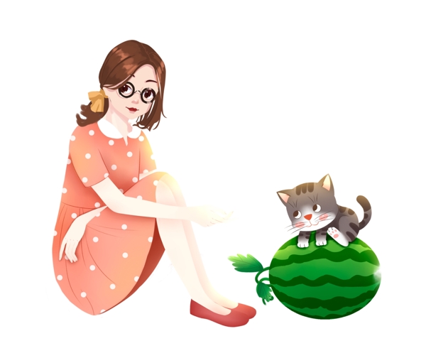 女孩猫咪西瓜