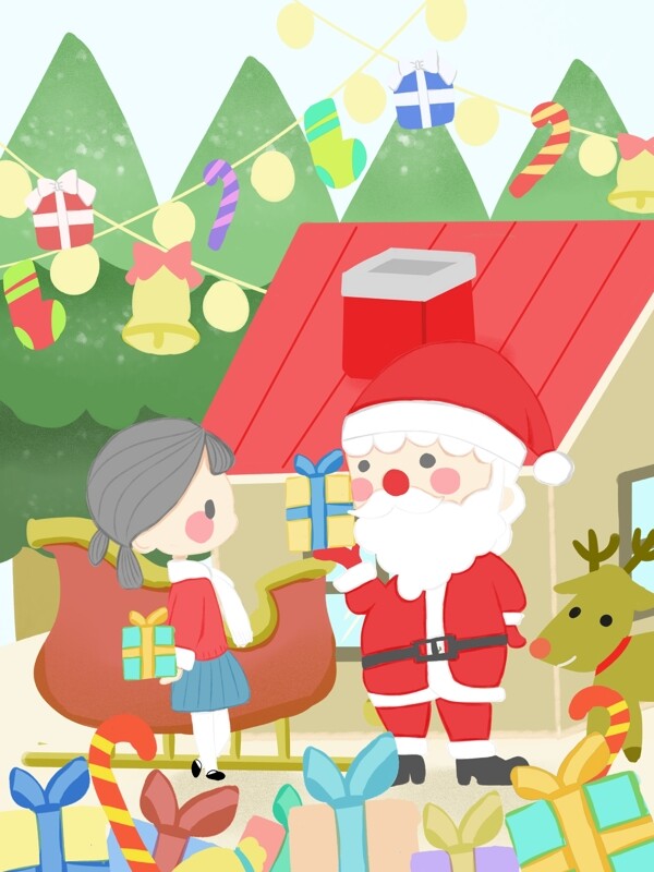 原创圣诞插画和圣诞老人交换礼物的女孩
