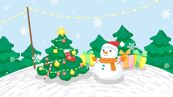 雪地圣诞树旁的圣诞雪人80s复古像素插画