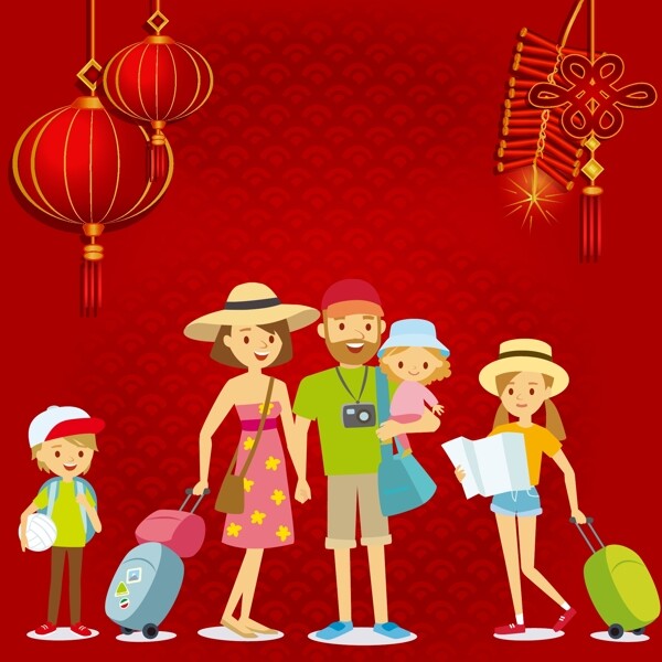 春节回家团聚一家人老人小孩子灯笼海报背景