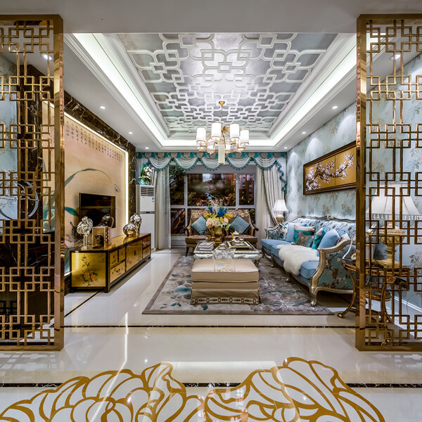 中式奢华金色镂空隔断客厅室内装修效果图