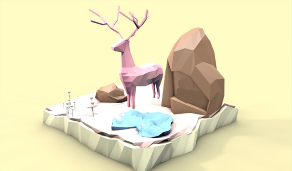 C4D模型景观台麋鹿石头雕像图片