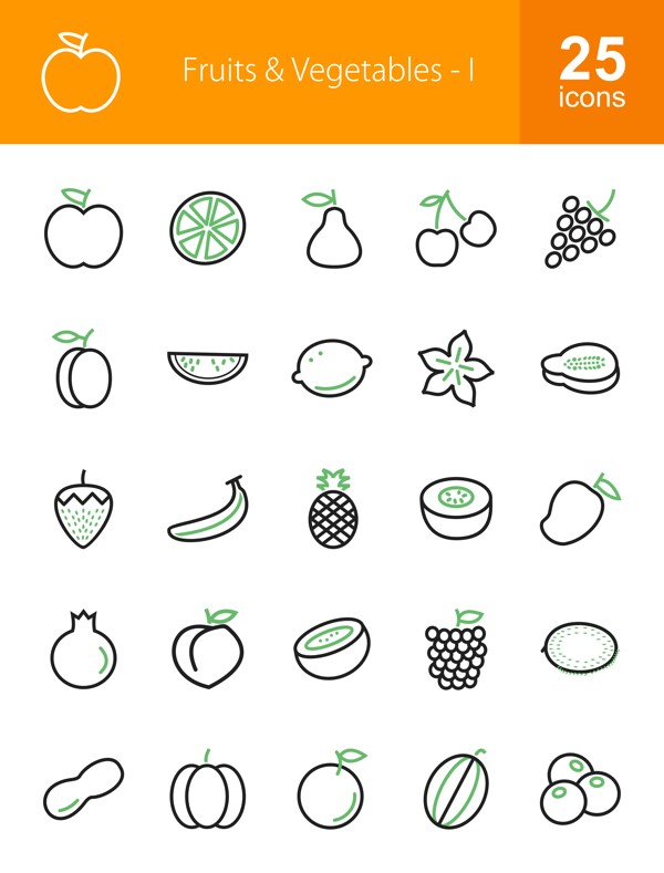 50个水果蔬菜系列绿色的黑色线条图标