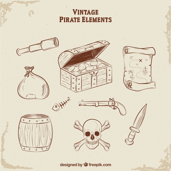 手绘宝箱和海盗元素图标