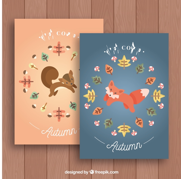 可爱的狐狸和松鼠秋季卡片