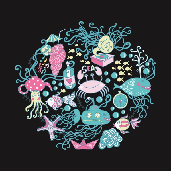 由海洋生命元素灿烂的夏天圆矢量插图概述了由海的事情鱼