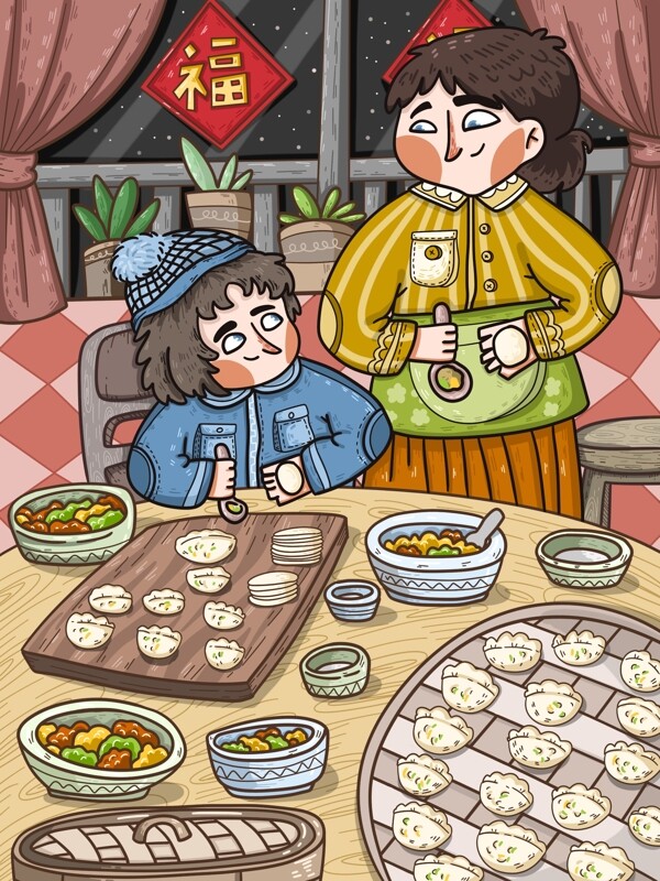 新年一起包饺子的妈妈和孩子